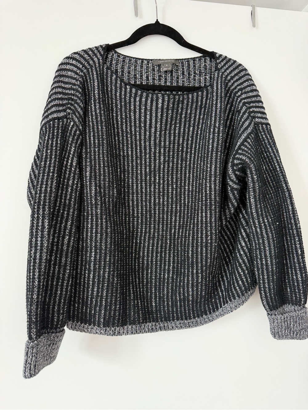 French Connection Black and Gray Striped Crewneck Sweater